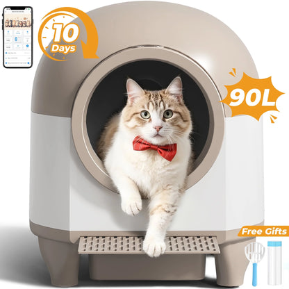 Self-Cleaning Cat Litter Box with Mat – Automatic Litter Box for Multiple Cats, Featuring Safety Protection and App Control, Includes a Complimentary Garbage Bag, Brown
