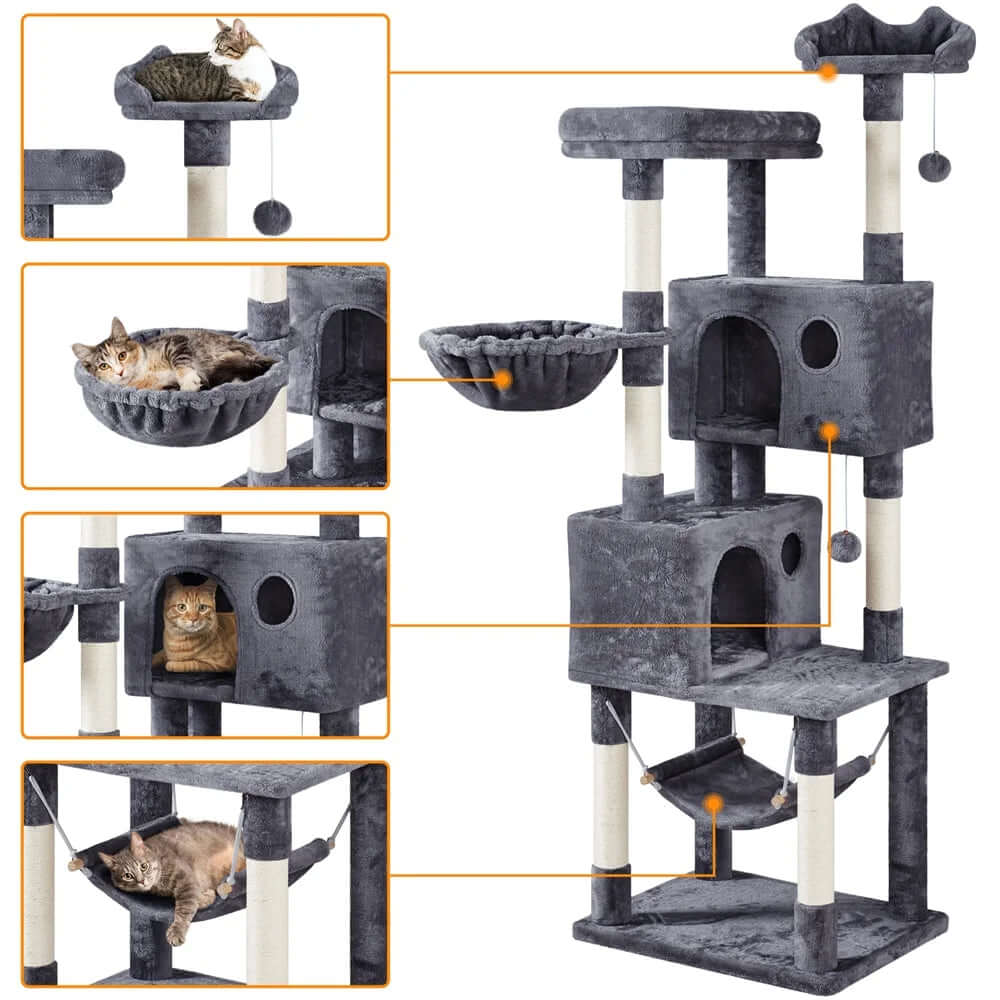 73"H Multi-Level Cat Tree Tower with Condos and Perches, Dark Gray - Ideal pet supplies for active cats.