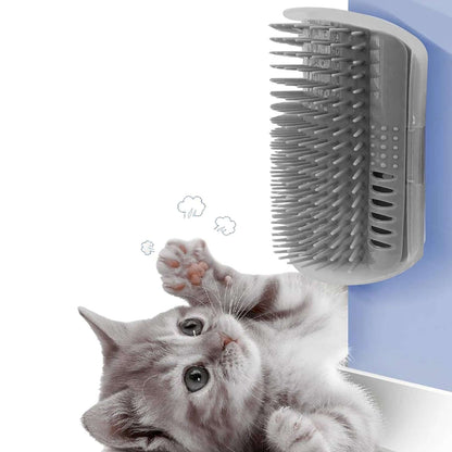 Wall Corner Cat Groomer - 2 Pack Self-Grooming Brush for Cats & Kittens with gray brush and playful kitten.