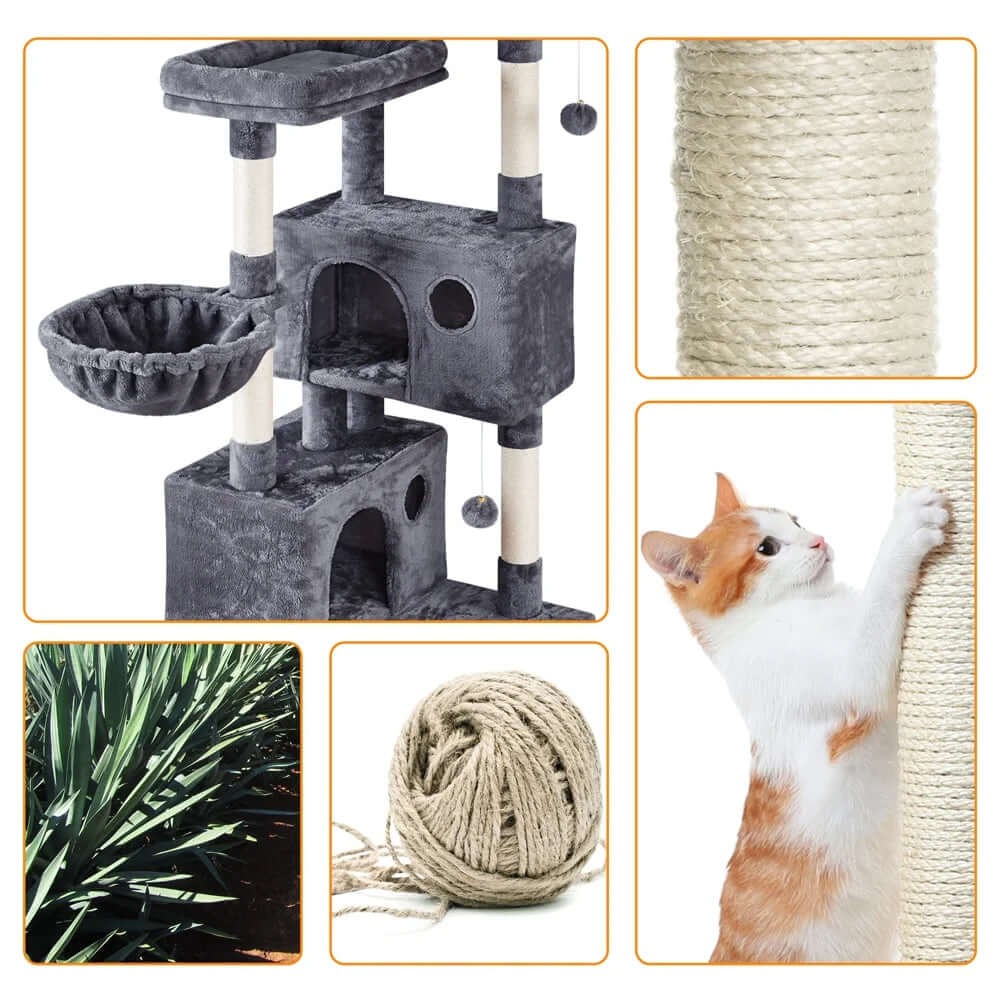 73"H Multi-Level Cat Tree Tower with Condos and Perches, Dark Gray featuring condos and perches for playful cats.