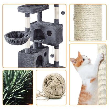 73"H Multi-Level Cat Tree Tower with Condos and Perches, Dark Gray featuring condos and perches for playful cats.