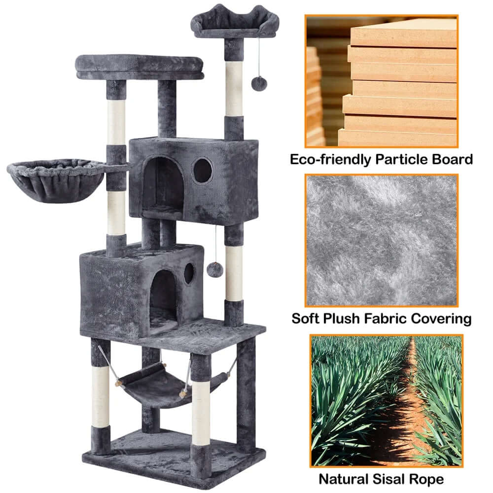 73"H Multi-Level Cat Tree Tower with Condos and Perches, Dark Gray - Eco-friendly pet supplies and soft plush fabric.