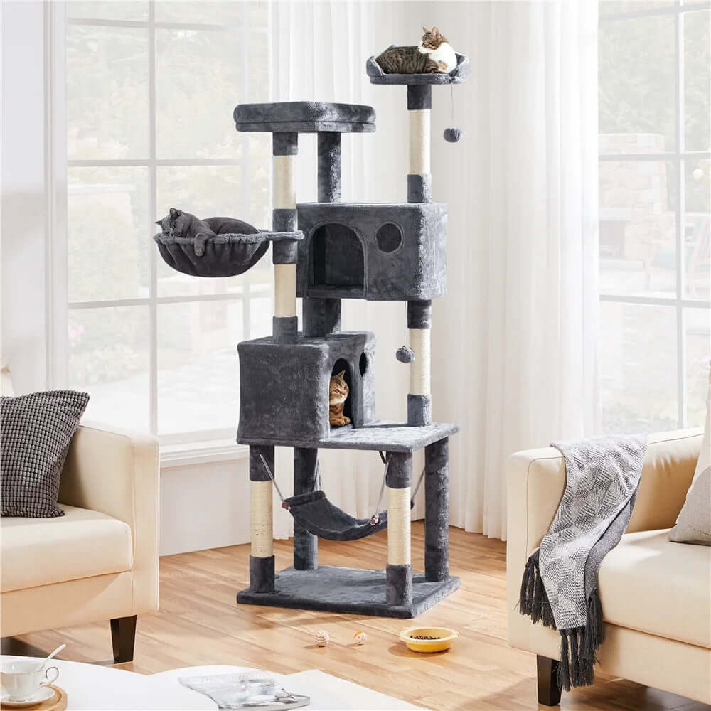 73"H Multi-Level Cat Tree Tower with Condos and Perches, Dark Gray in a bright room, ideal pet supplies and accessories.