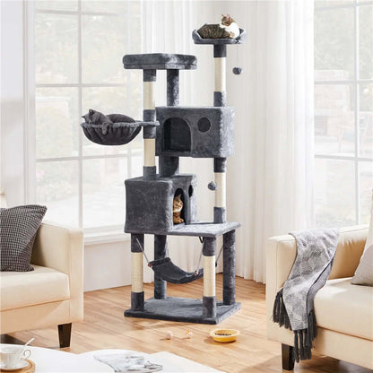 73"H Multi-Level Cat Tree Tower with Condos and Perches, Dark Gray in a bright room, ideal pet supplies and accessories.