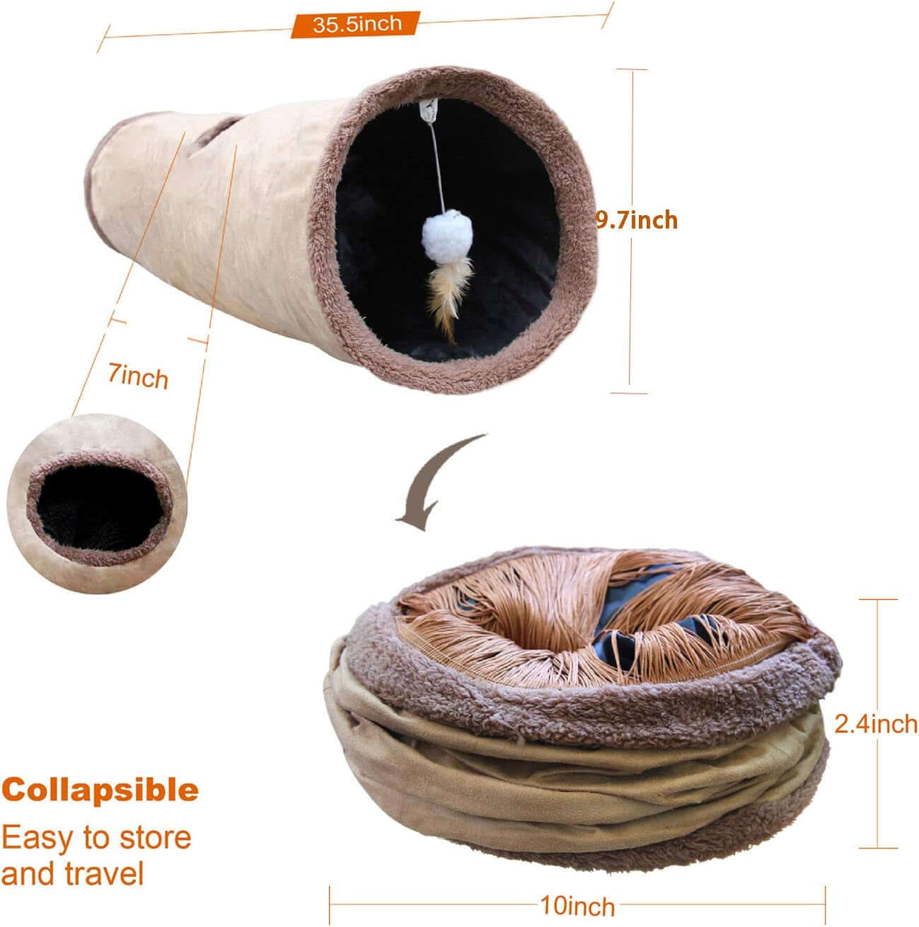 Collapsible Cat Tunnel Pet Play Tube Crinkle Tunnel with Cat Toys，Length 35" Diameter 9.7"