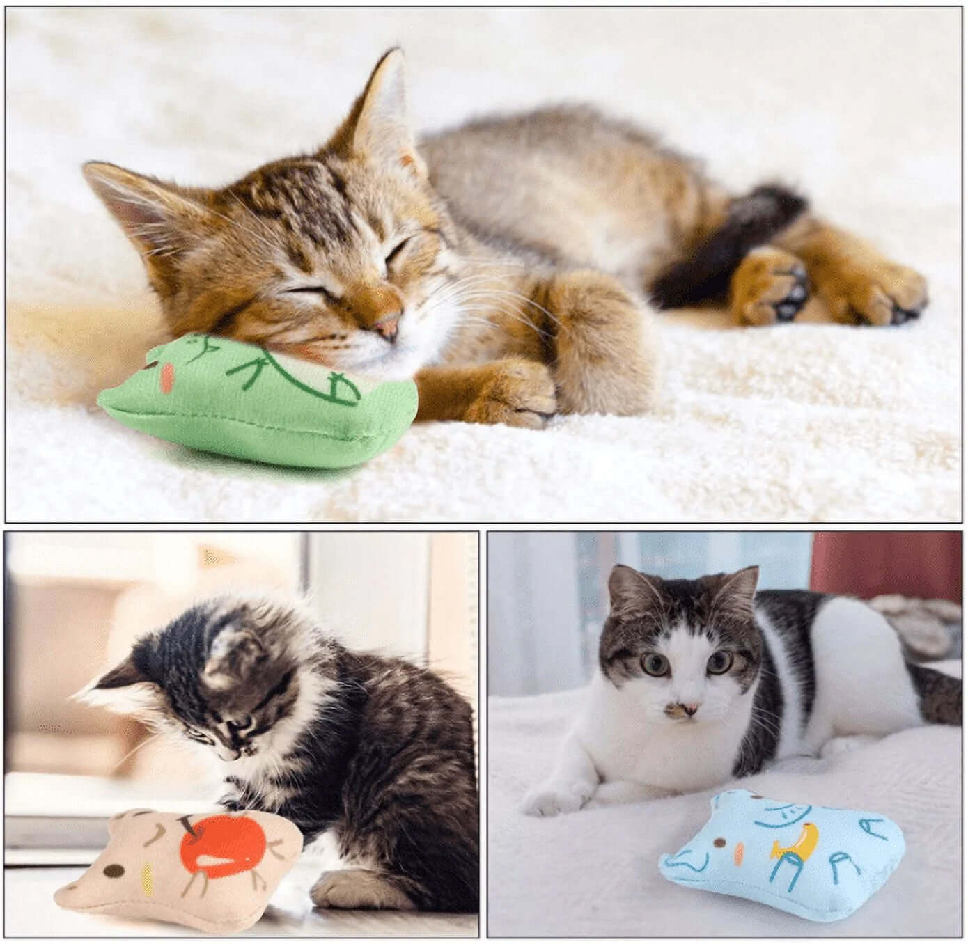 Catnip Toys for Cats - 5 Pack Plush Chew Toys for Kittens with playful cats enjoying their premium catnip toys.