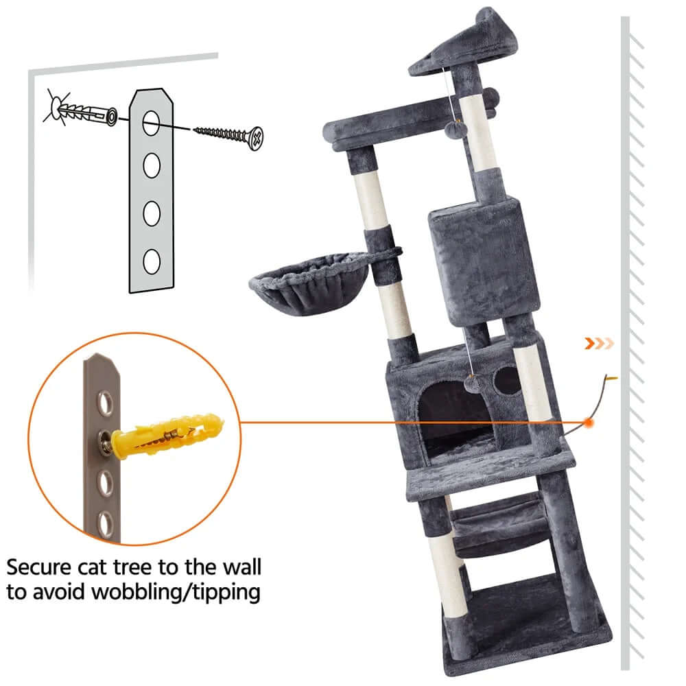 Image of 73"H Multi-Level Cat Tree Tower with Condos and Perches, Dark Gray showing secure wall attachment for stability.