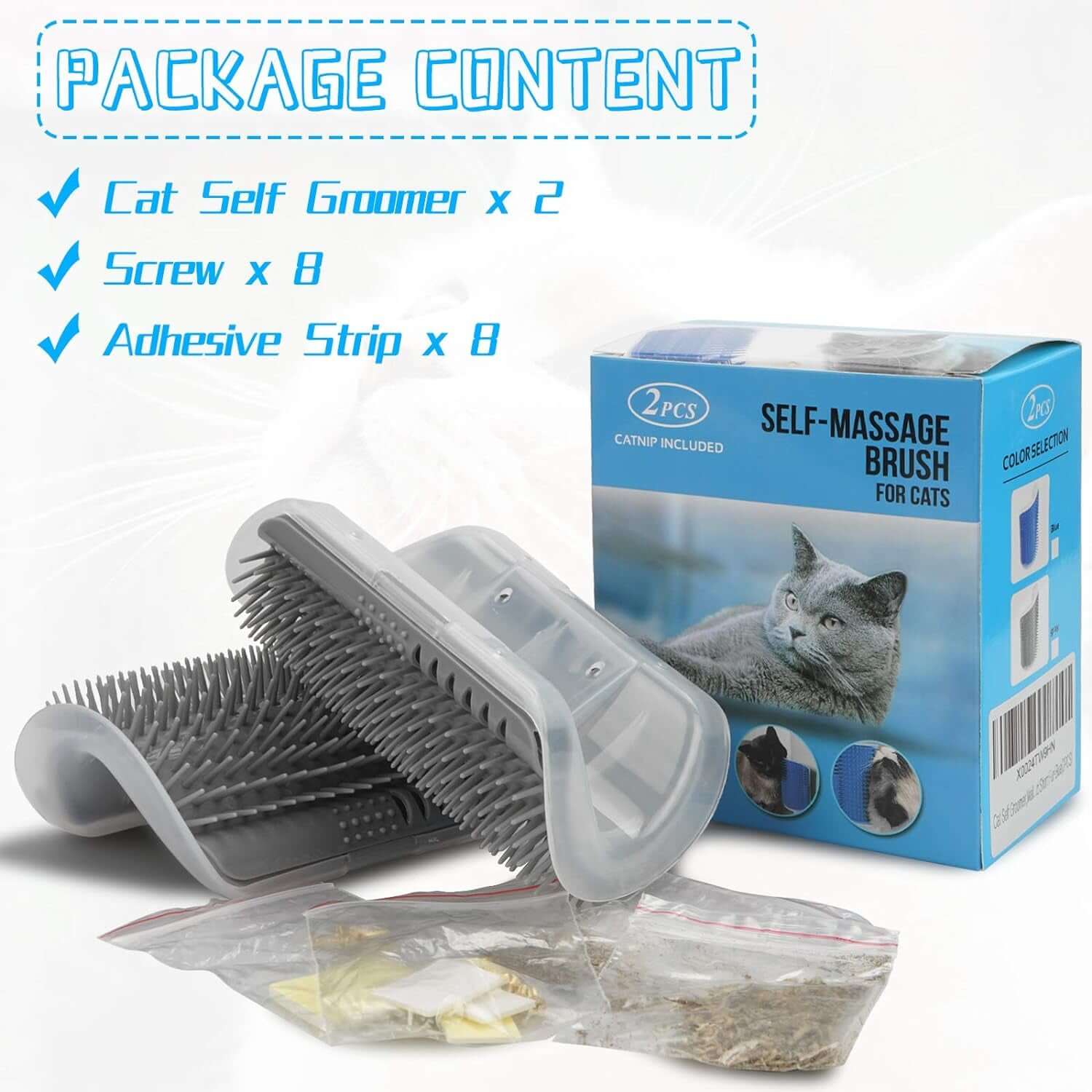 Wall Corner Cat Groomer - 2 Pack Self-Grooming Brush for Cats & Kittens package content showing brushes, screws, and adhesive.