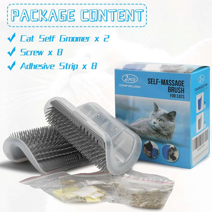 Wall Corner Cat Groomer - 2 Pack Self-Grooming Brush for Cats & Kittens package content showing brushes, screws, and adhesive.
