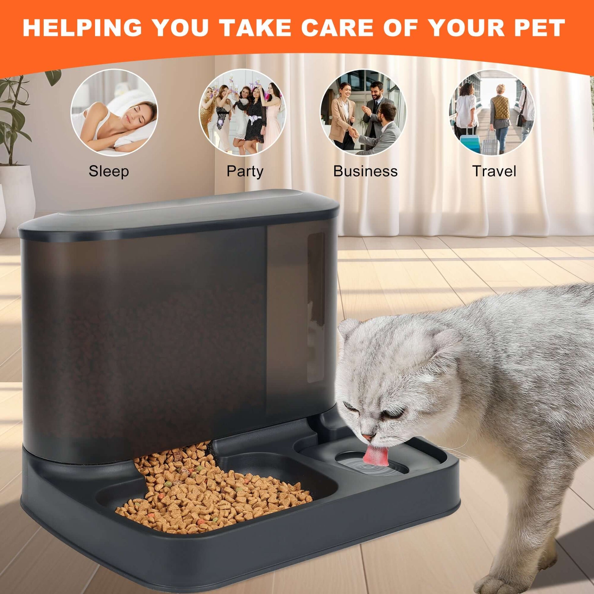 2 in 1 Automatic Cat Food Water Dispenser Pet Self Feeder Dry Food Bowl and Watering Supplies Dispenser for Indoor Small Medium Dog Puppy Kitten, Black