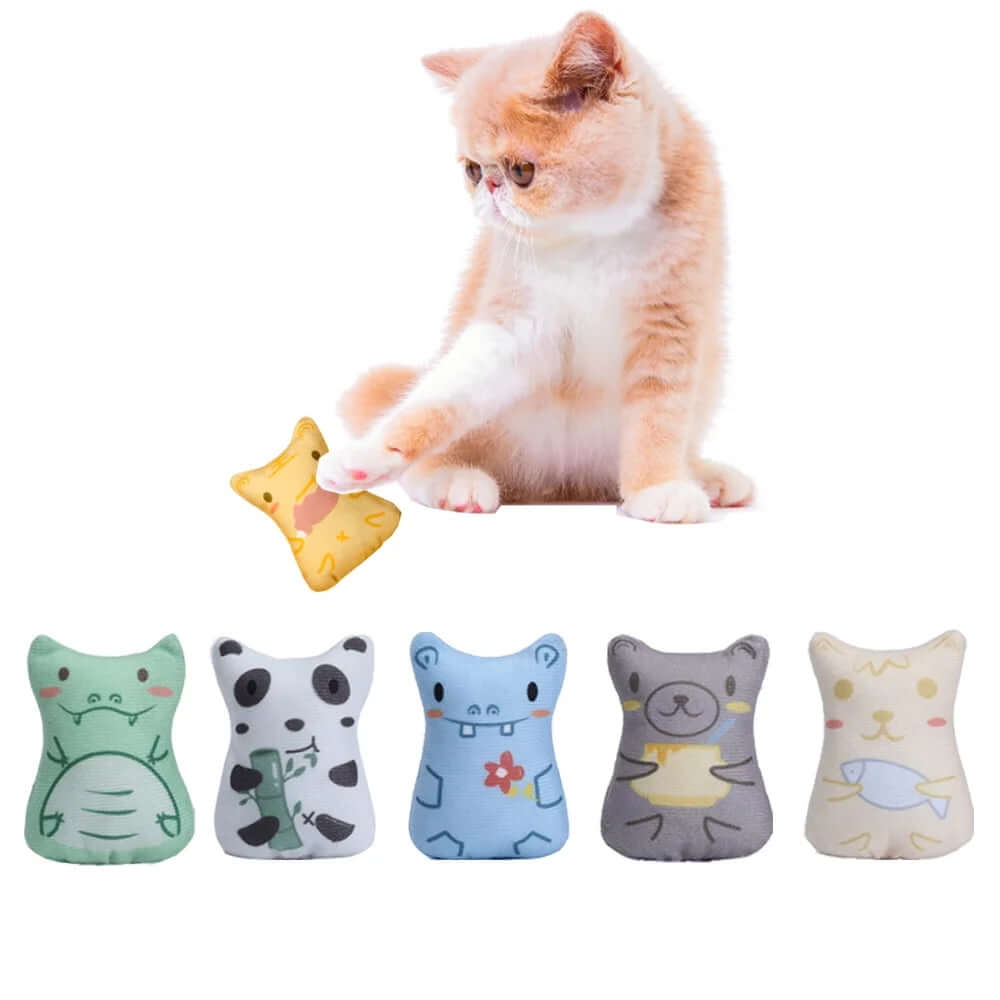Catnip Toys for Cats - 5 Pack Plush Chew Toys for Kittens with a playful kitten enjoying its toy.